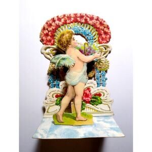Antique Valentine German Cherub Angel Flowers Greeting Card Die-Cut Stand Up